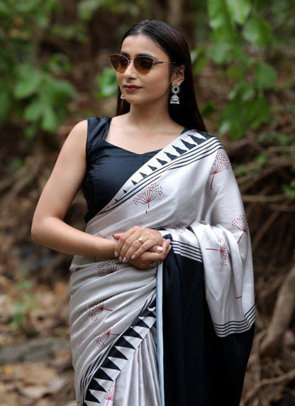 Silver Original Japan Devsena satin Saree Japan Satin Digital Print Blouse