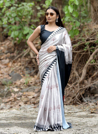 Silver Original Japan Devsena satin Saree Japan Satin Digital Print Blouse