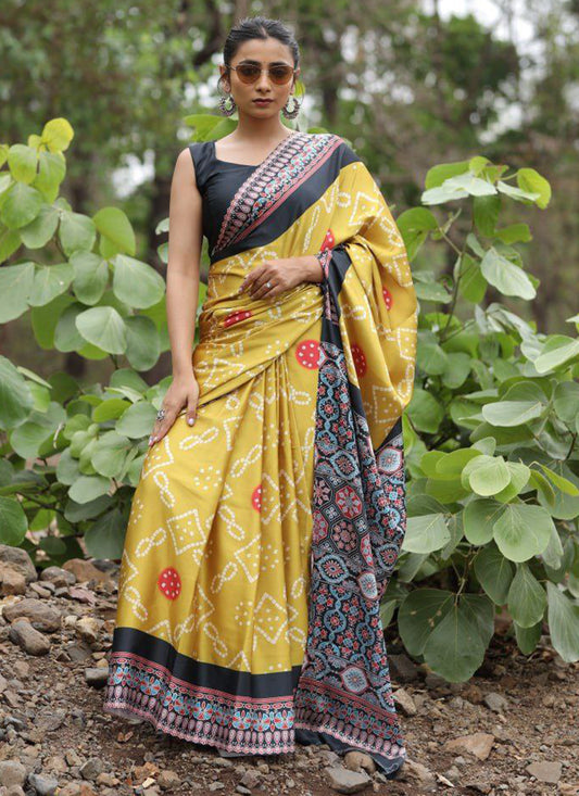 Mustard Original Japan Devsena satin Saree Japan Satin Digital Print Blouse