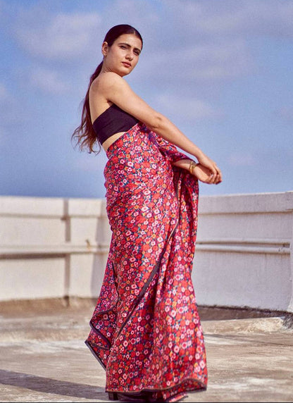 Red Original Japan Devsena satin Saree Japan Satin Digital Print Blouse