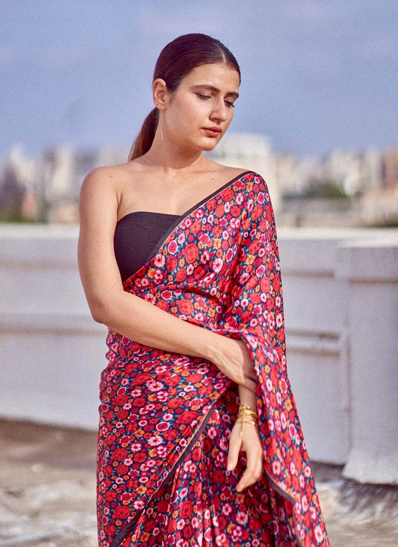 Red Original Japan Devsena satin Saree Japan Satin Digital Print Blouse