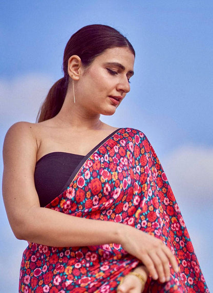 Red Original Japan Devsena satin Saree Japan Satin Digital Print Blouse