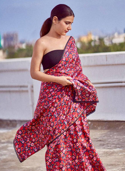 Red Original Japan Devsena satin Saree Japan Satin Digital Print Blouse