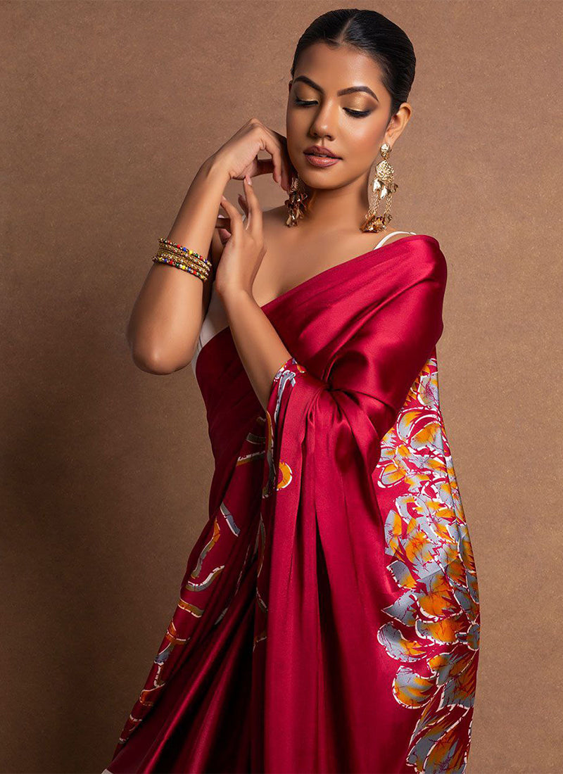 Maroon Original Japan Devsena satin Saree Japan Satin Digital Print Blouse