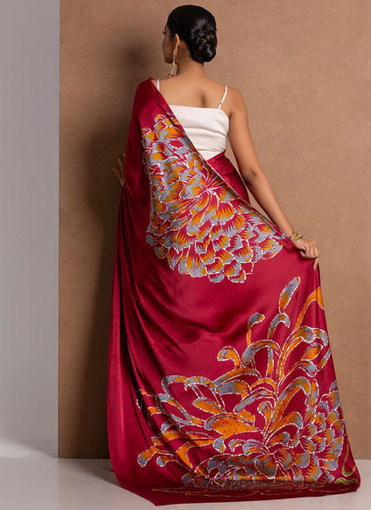 Maroon Original Japan Devsena satin Saree Japan Satin Digital Print Blouse