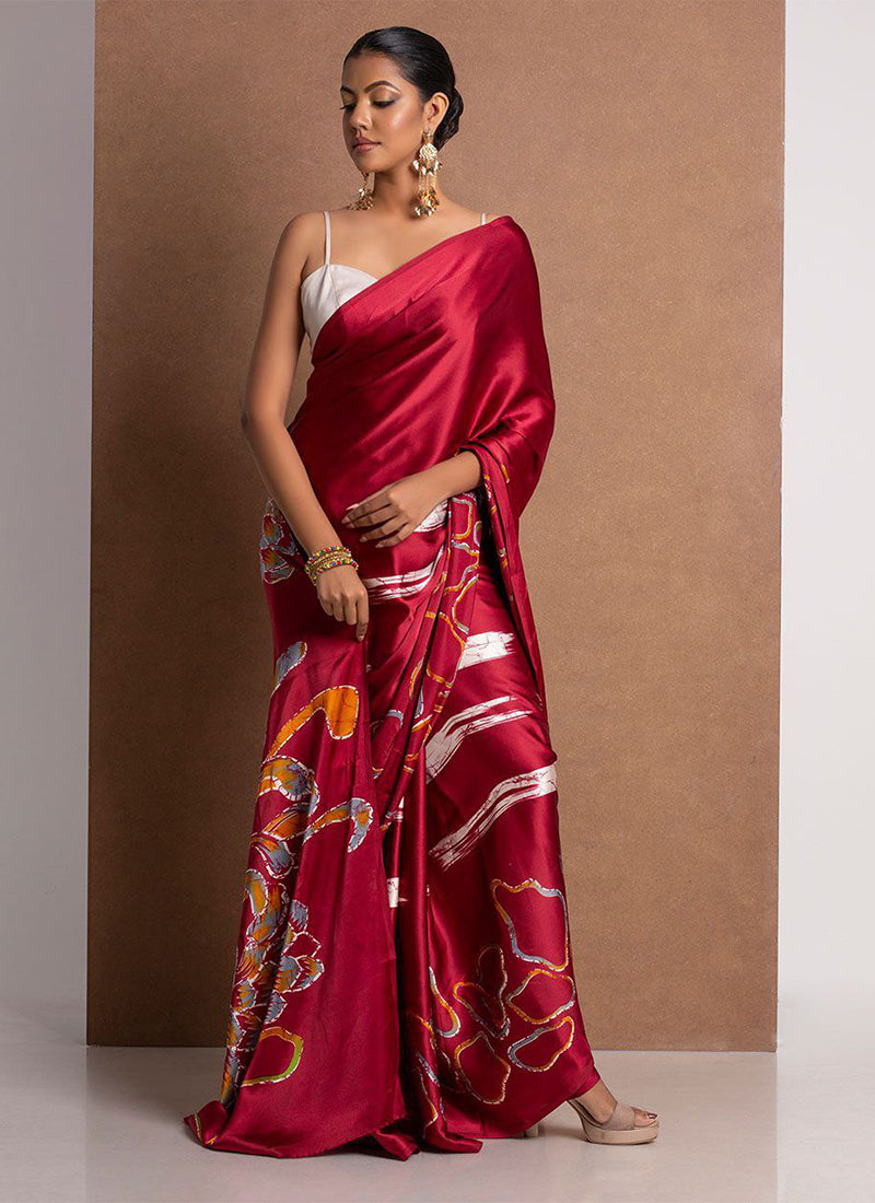Maroon Original Japan Devsena satin Saree Japan Satin Digital Print Blouse