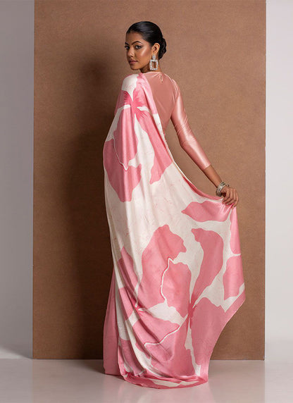 Baby Pink Original Japan Devsena satin Saree Japan Satin Digital Print Blouse