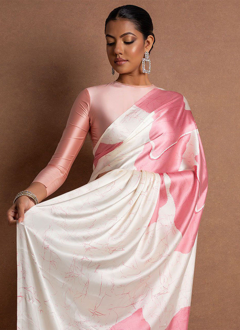 Baby Pink Original Japan Devsena satin Saree Japan Satin Digital Print Blouse