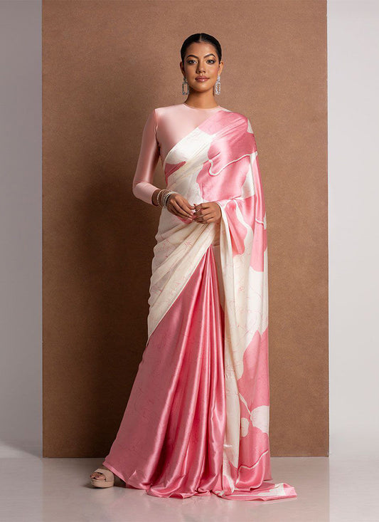 Baby Pink Original Japan Devsena satin Saree Japan Satin Digital Print Blouse