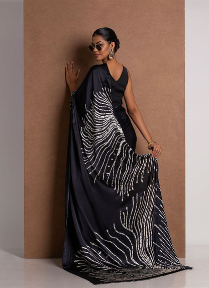 Black Original Japan Devsena satin Saree Japan Satin Digital Print Blouse