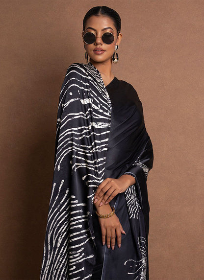 Black Original Japan Devsena satin Saree Japan Satin Digital Print Blouse