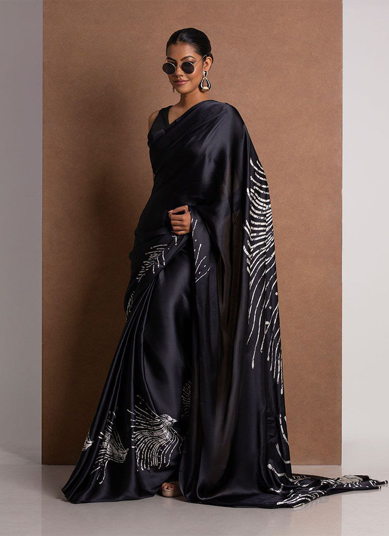 Black Original Japan Devsena satin Saree Japan Satin Digital Print Blouse