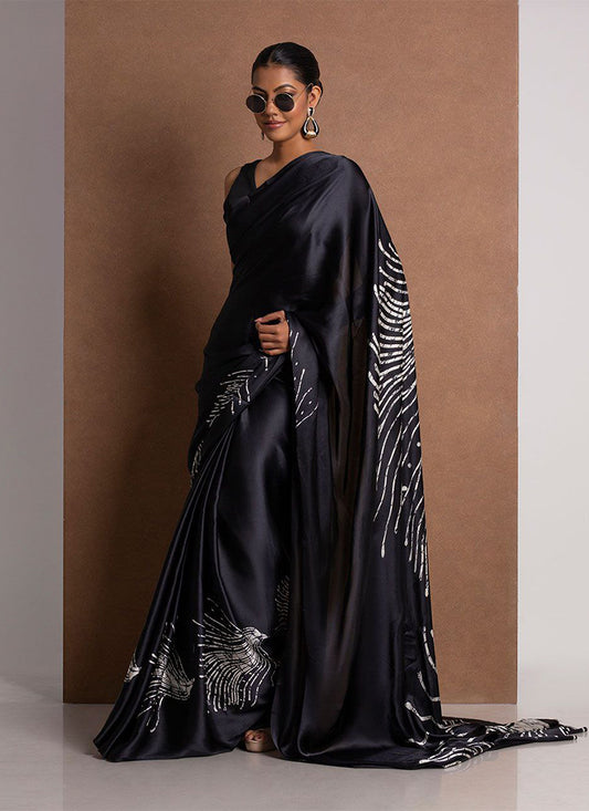 Black Original Japan Devsena satin Saree Japan Satin Digital Print Blouse