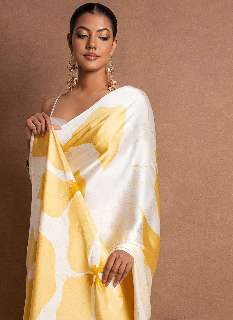 Yellow Original Japan Devsena satin Saree Japan Satin Digital Print Blouse