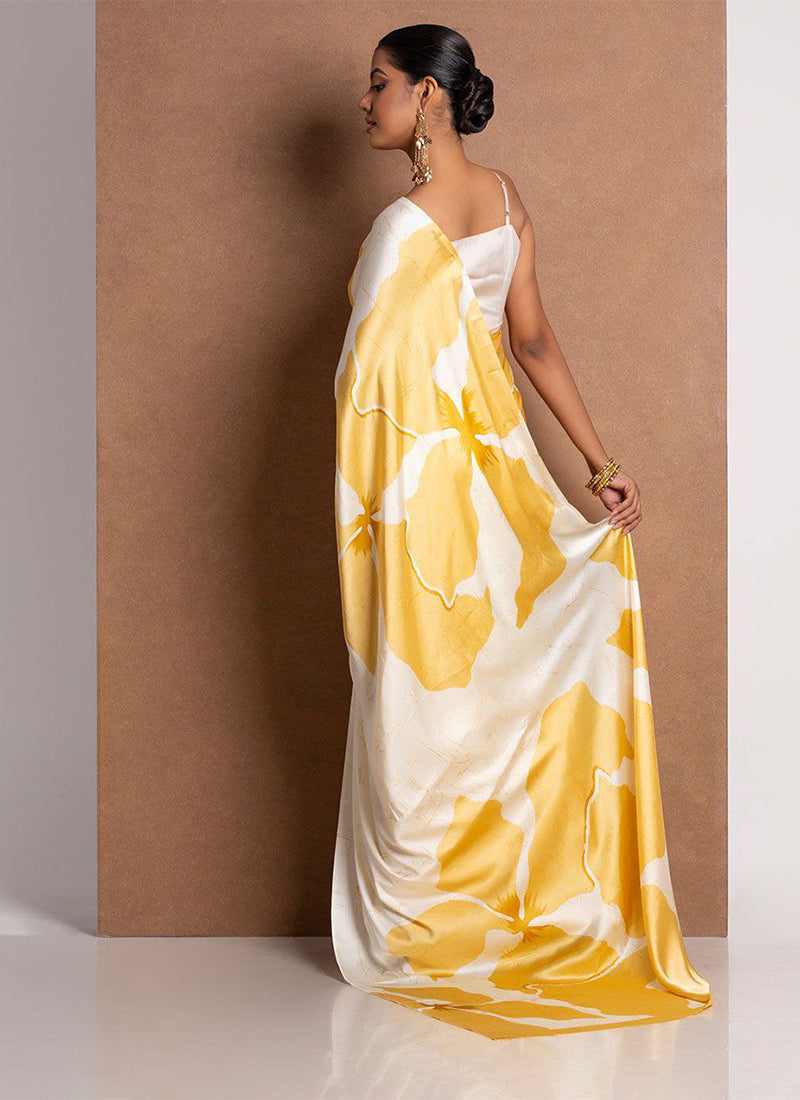 Yellow Original Japan Devsena satin Saree Japan Satin Digital Print Blouse