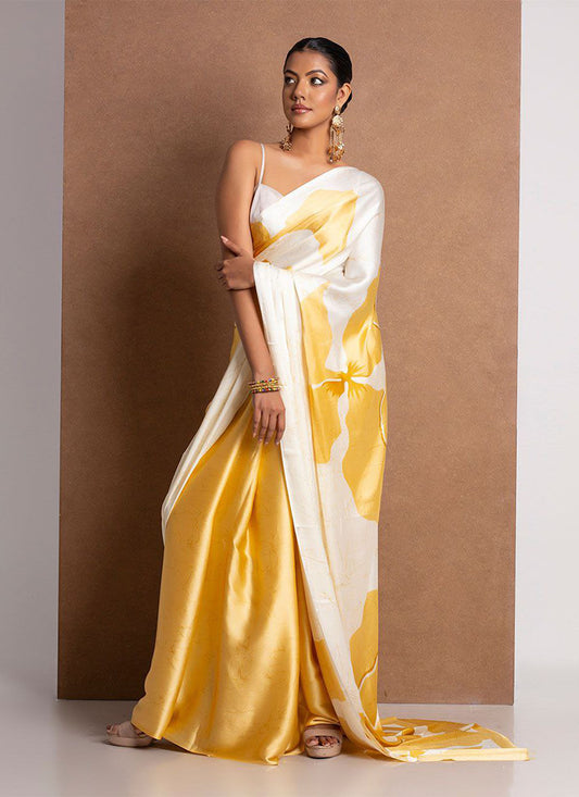 Yellow Original Japan Devsena satin Saree Japan Satin Digital Print Blouse