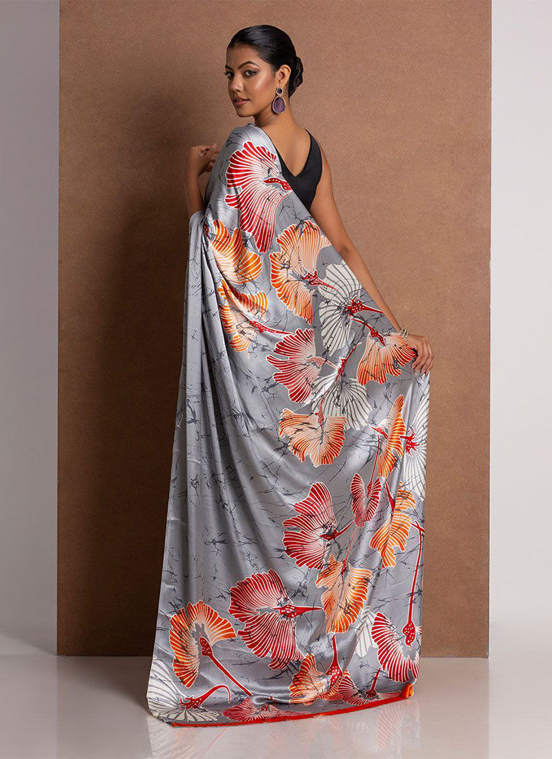 Grey Original Japan Devsena satin Saree Japan Satin Digital Print Blouse