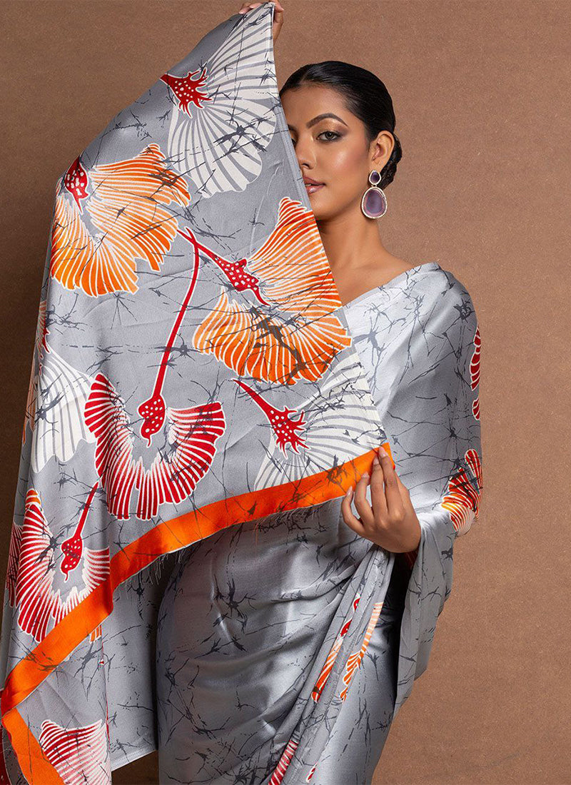 Grey Original Japan Devsena satin Saree Japan Satin Digital Print Blouse