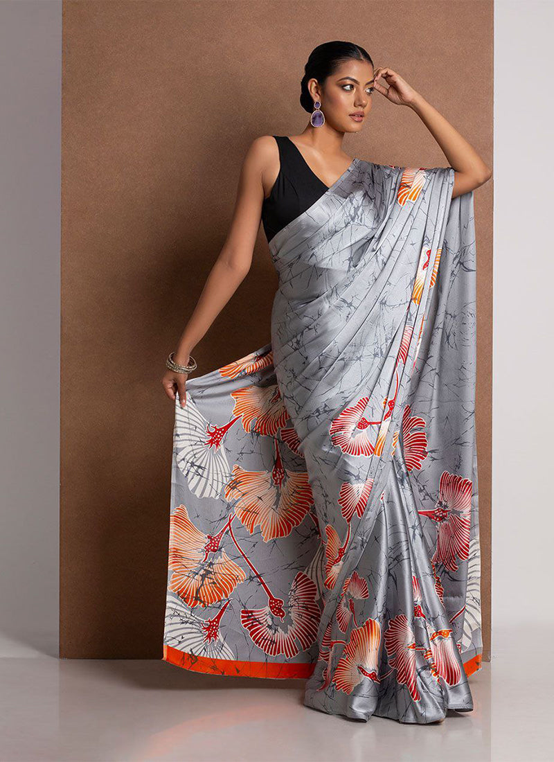 Grey Original Japan Devsena satin Saree Japan Satin Digital Print Blouse