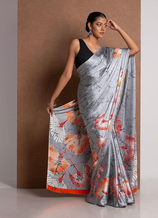 Grey Original Japan Devsena satin Saree Japan Satin Digital Print Blouse