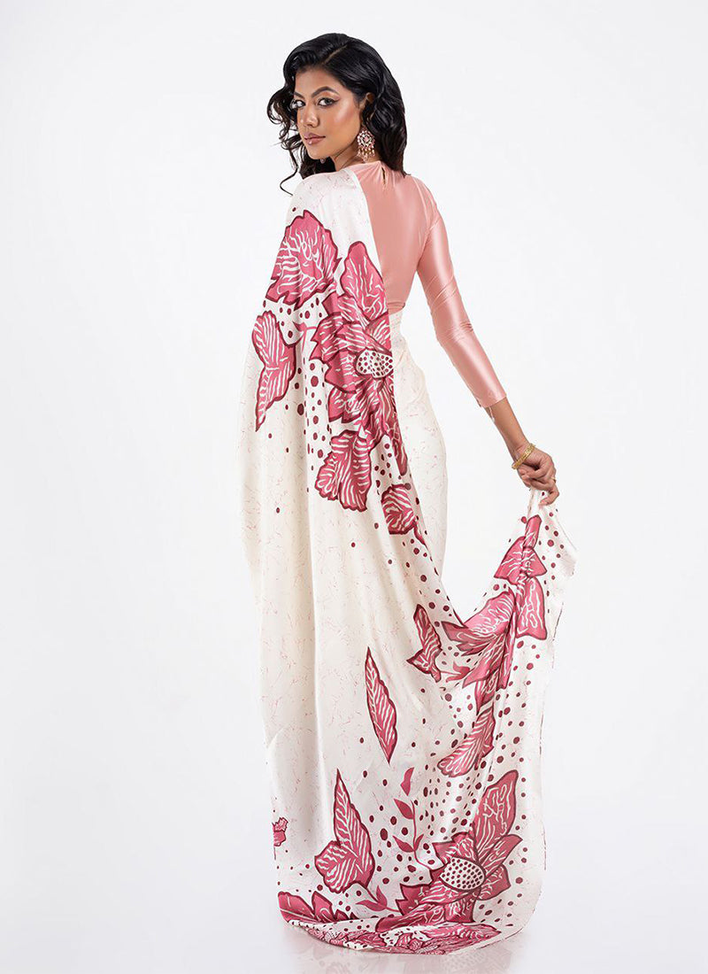 White Original Japan Devsena satin Saree Japan Satin Digital Print Blouse