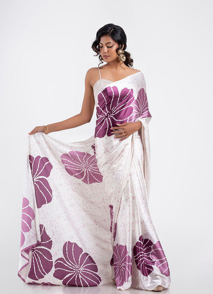 White Original Japan Devsena satin Saree Japan Satin Digital Print Blouse