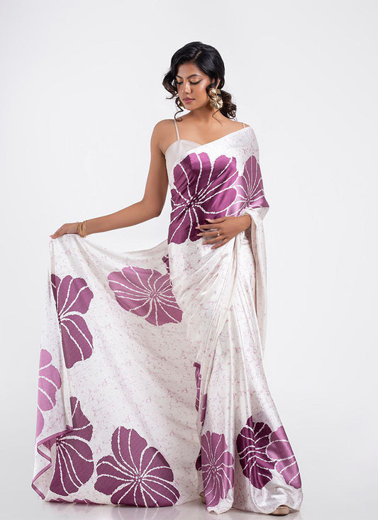 White Original Japan Devsena satin Saree Japan Satin Digital Print Blouse