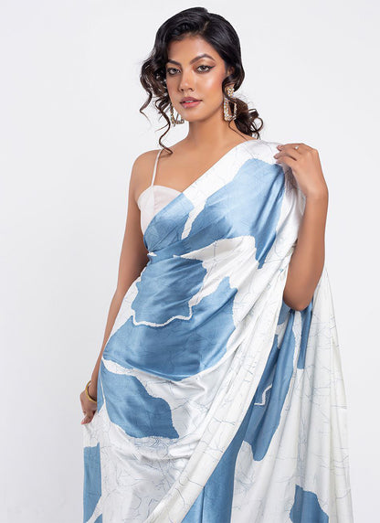Aqua blue Original Japan Devsena satin Saree Japan Satin Digital Print Blouse