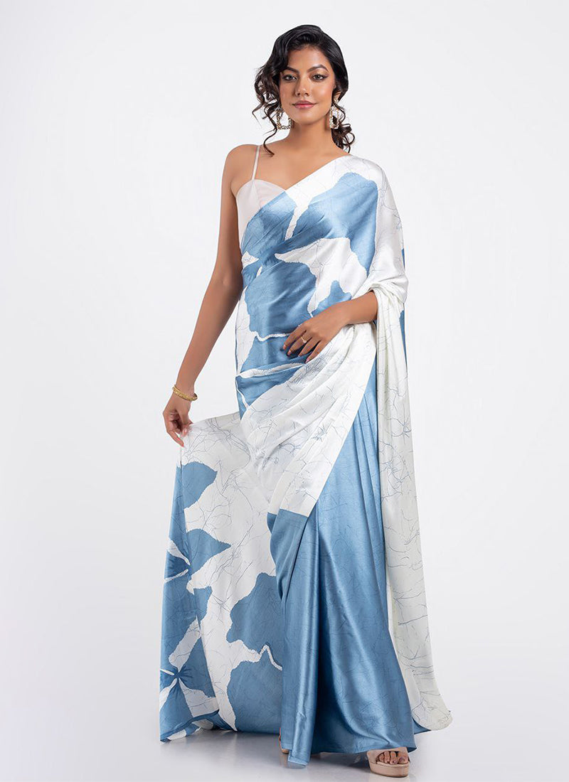 Aqua blue Original Japan Devsena satin Saree Japan Satin Digital Print Blouse