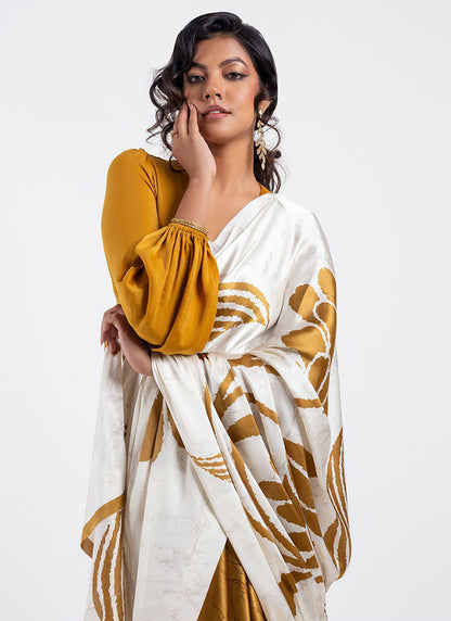 Mustard Original Japan Devsena satin Saree Japan Satin Digital Print Blouse