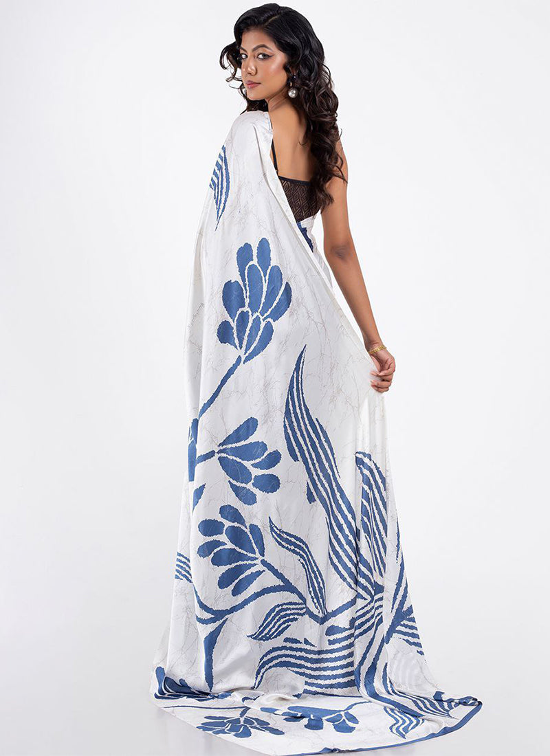 Aqua blue Original Japan Devsena satin Saree Japan Satin Digital Print Blouse