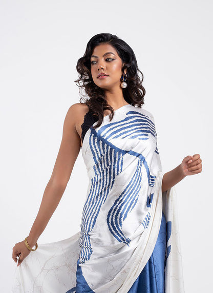 Aqua blue Original Japan Devsena satin Saree Japan Satin Digital Print Blouse