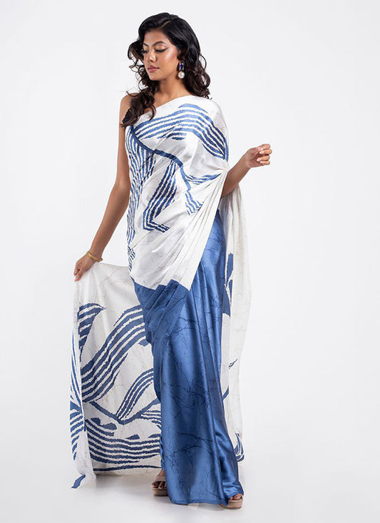 Aqua blue Original Japan Devsena satin Saree Japan Satin Digital Print Blouse