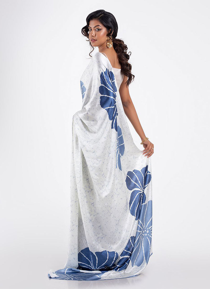 White Original Japan Devsena satin Saree Japan Satin Digital Print Blouse