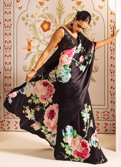 Black Original Japan Devsena satin Saree Japan Satin Digital Print Blouse