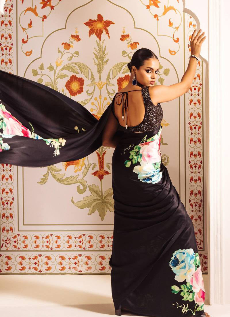 Black Original Japan Devsena satin Saree Japan Satin Digital Print Blouse