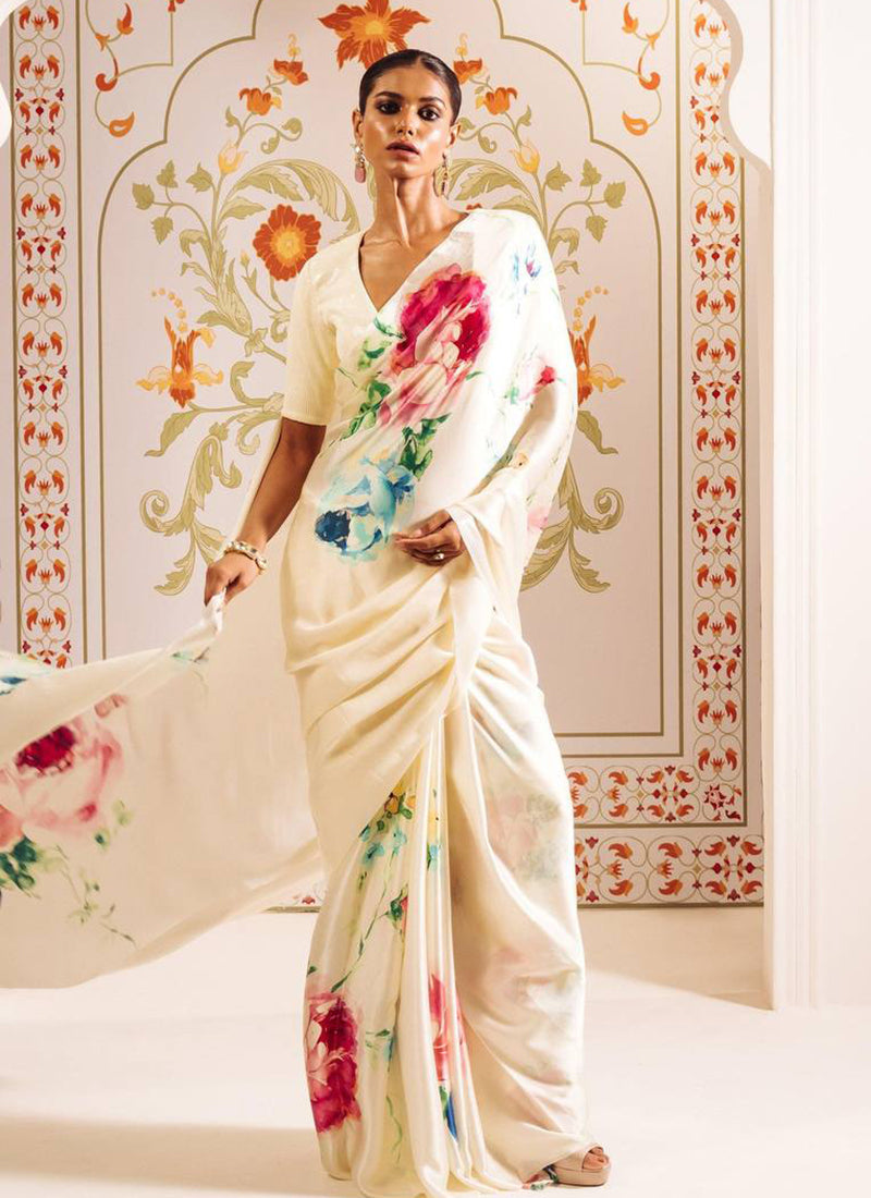 Cream Original Japan Devsena satin Saree Japan Satin Digital Print Blouse