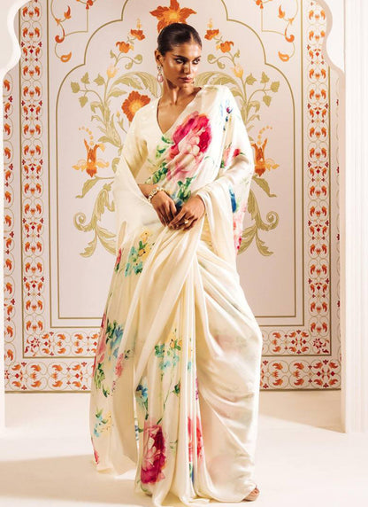Cream Original Japan Devsena satin Saree Japan Satin Digital Print Blouse