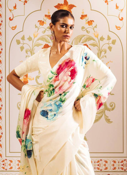 Cream Original Japan Devsena satin Saree Japan Satin Digital Print Blouse