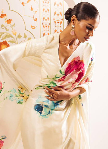 Cream Original Japan Devsena satin Saree Japan Satin Digital Print Blouse