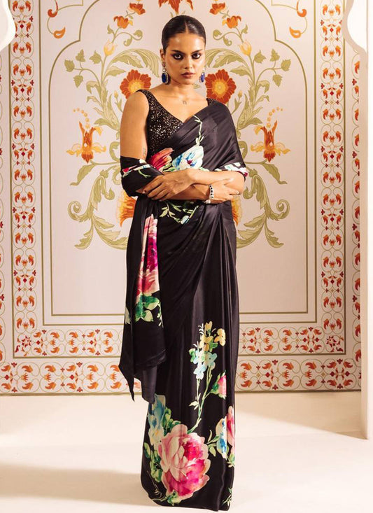 Black Original Japan Devsena satin Saree Japan Satin Digital Print Blouse