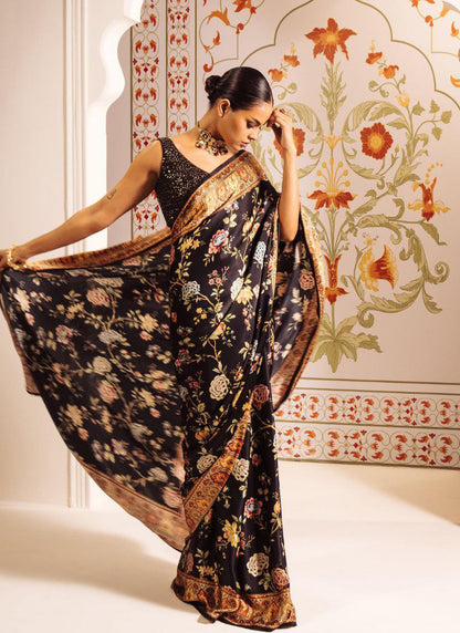 Black Original Japan Devsena satin Saree Japan Satin Digital Print Blouse