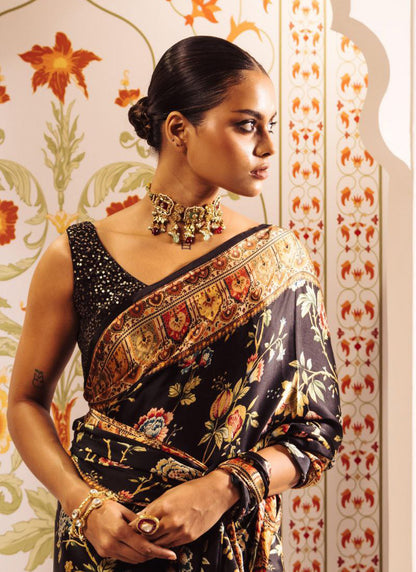 Black Original Japan Devsena satin Saree Japan Satin Digital Print Blouse