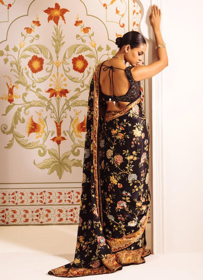 Black Original Japan Devsena satin Saree Japan Satin Digital Print Blouse