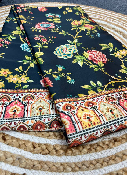 Black Original Japan Devsena satin Saree Japan Satin Digital Print Blouse