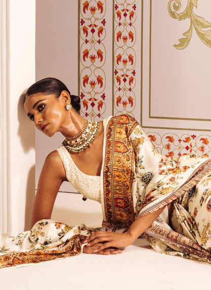 Cream Original Japan Devsena satin Saree Japan Satin Digital Print Blouse