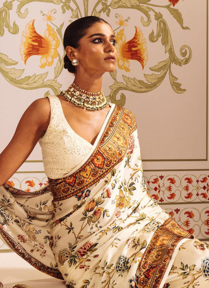 Cream Original Japan Devsena satin Saree Japan Satin Digital Print Blouse