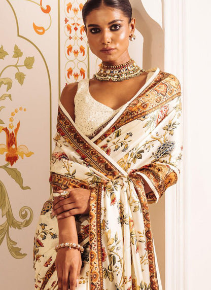 Cream Original Japan Devsena satin Saree Japan Satin Digital Print Blouse