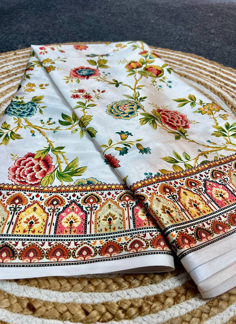 Cream Original Japan Devsena satin Saree Japan Satin Digital Print Blouse