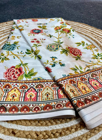 Cream Original Japan Devsena satin Saree Japan Satin Digital Print Blouse